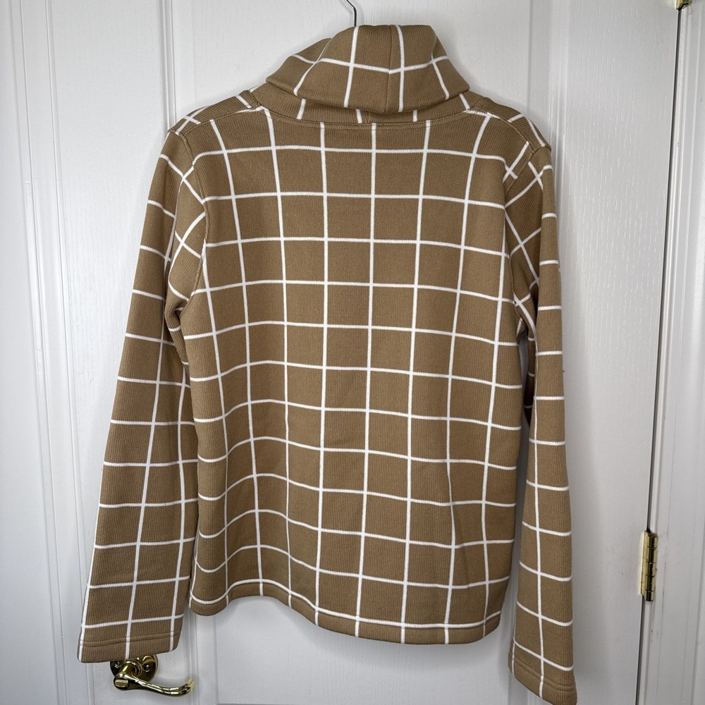 J.Crew Fleece Lined Funnel Neck Pullover Womens L Tan Windowpane Grid Old Money - Picture 2 of 6